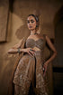 Beige gold tissue gharara set with bustier, jacket and dupatta